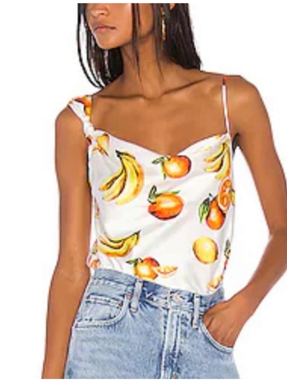 Revolve Song Of Style Fruit-Print Satin Cowl Neck Cami Top - Cream/Orange Sz Xs